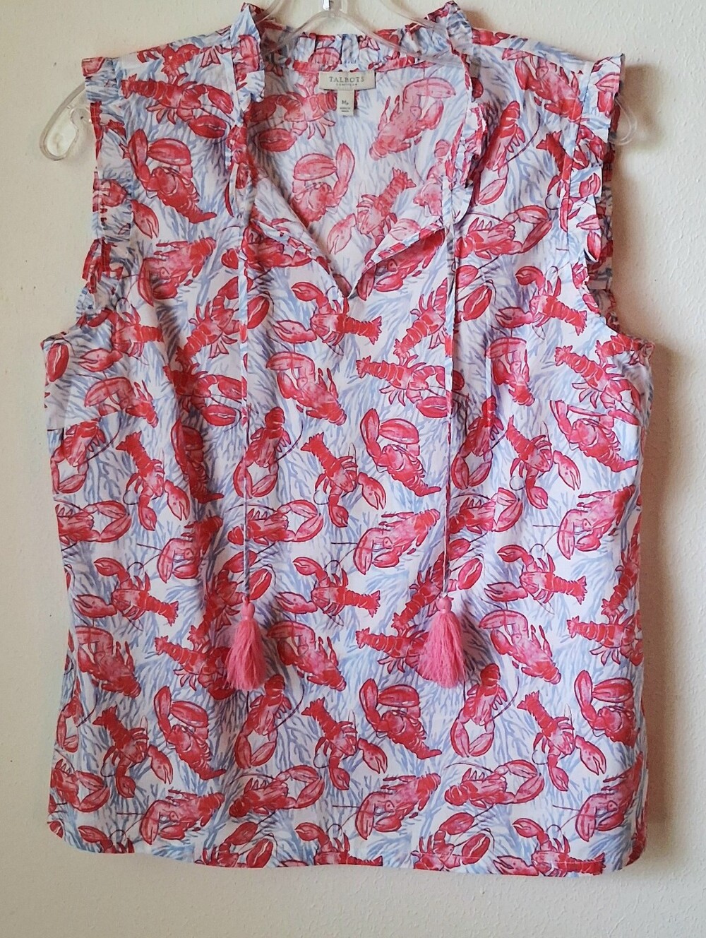 Talbots Lobster Print Cotton Sleeveless Tassel Tie Ruffle Top Size MP Coastal